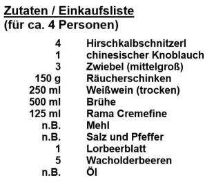 Zutaten - Hirschkalb